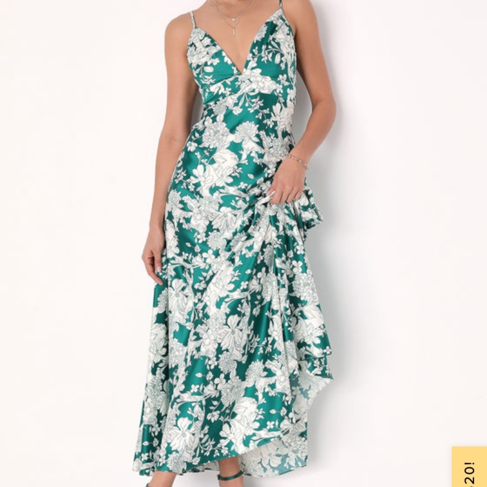 BRAND NEW Style Soiree Emerald Floral Print Satin Sleeveless Maxi Dress , Sz XS